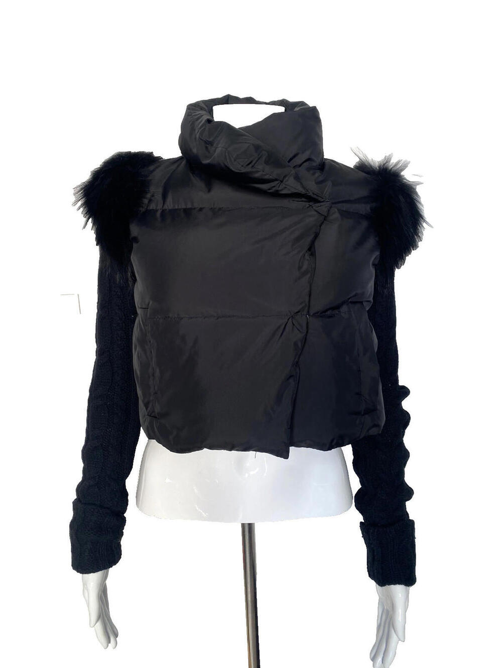 BCBG MaxAzria S Cropped Down Fur Knit Puffer Jacket Black Long Sleeve Women's
